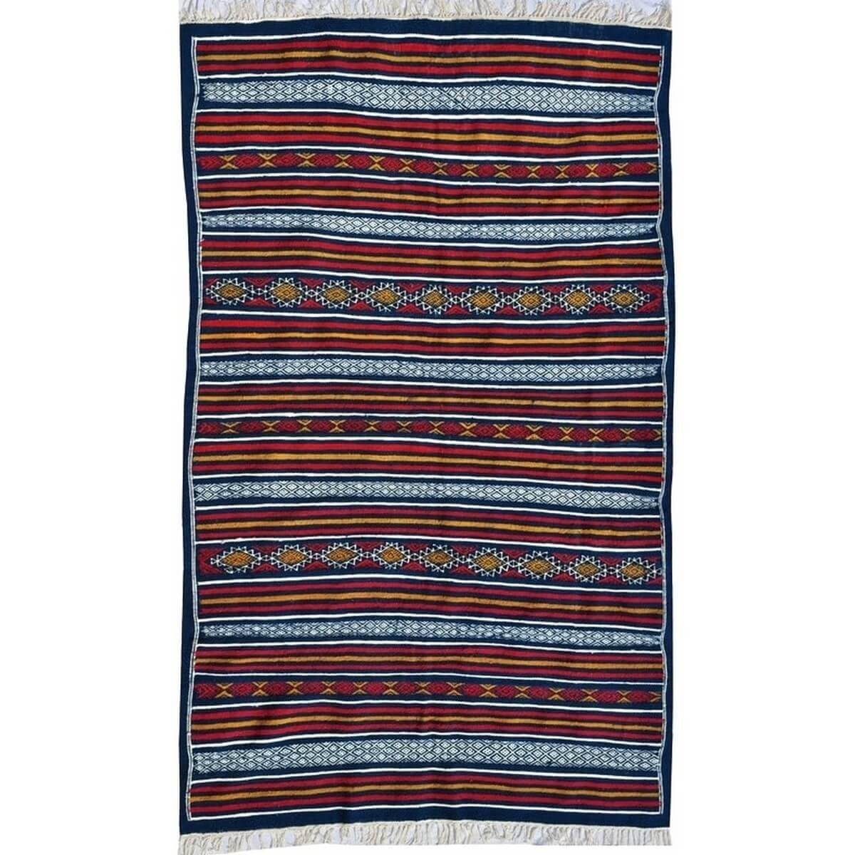 Berber carpet Rug Kilim Moknine 135x230 Blue/Yellow/Red (Handmade, Wool) Tunisian Rug Kilim style Moroccan rug. Rectangular carp
