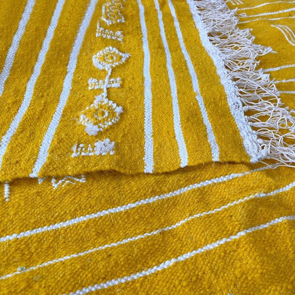 Berber Teppich Teppich Kelim Jridi 96x193 Gelb/Weiß (Handgewebt, Wolle, Tunesien) Tunesischer Kelim-Teppich im marokkanischen St