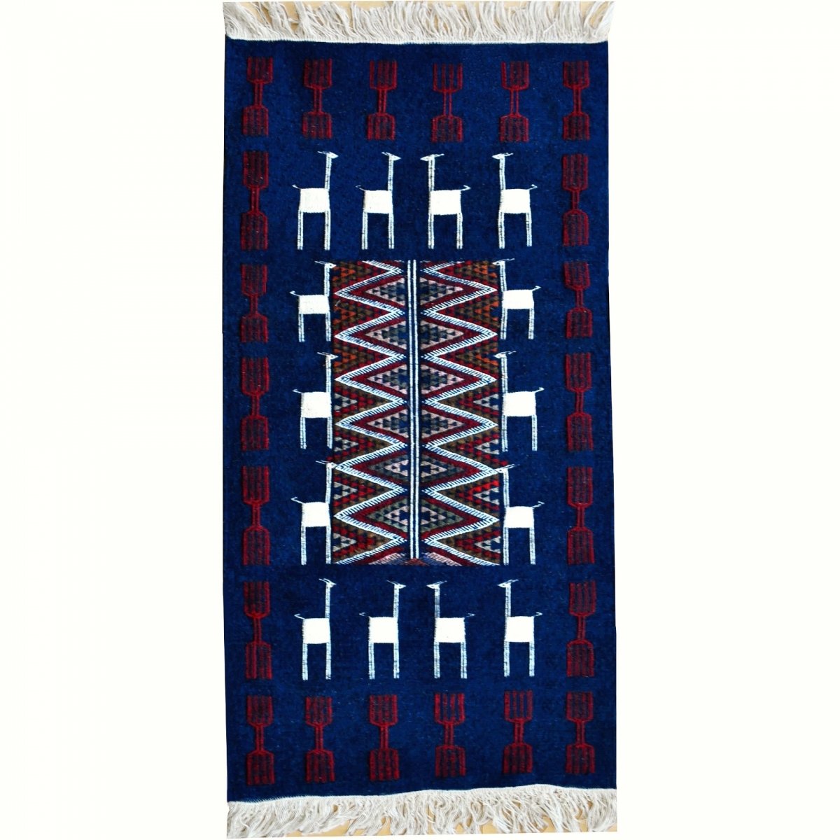 Berber tapijt Tapijt Kilim Ichbilia 60x115 Blauw/Wit/Rood (Handgeweven, Wol, Tunesië) Tunesisch kilimdeken, Marokkaanse stijl. R