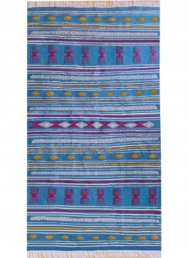 Berber carpet Rug Kilim Oued Zitoun 136x244 Blue turquoise/Yellow/Red (Handmade, Wool) Tunisian Rug Kilim style Moroccan rug. Re