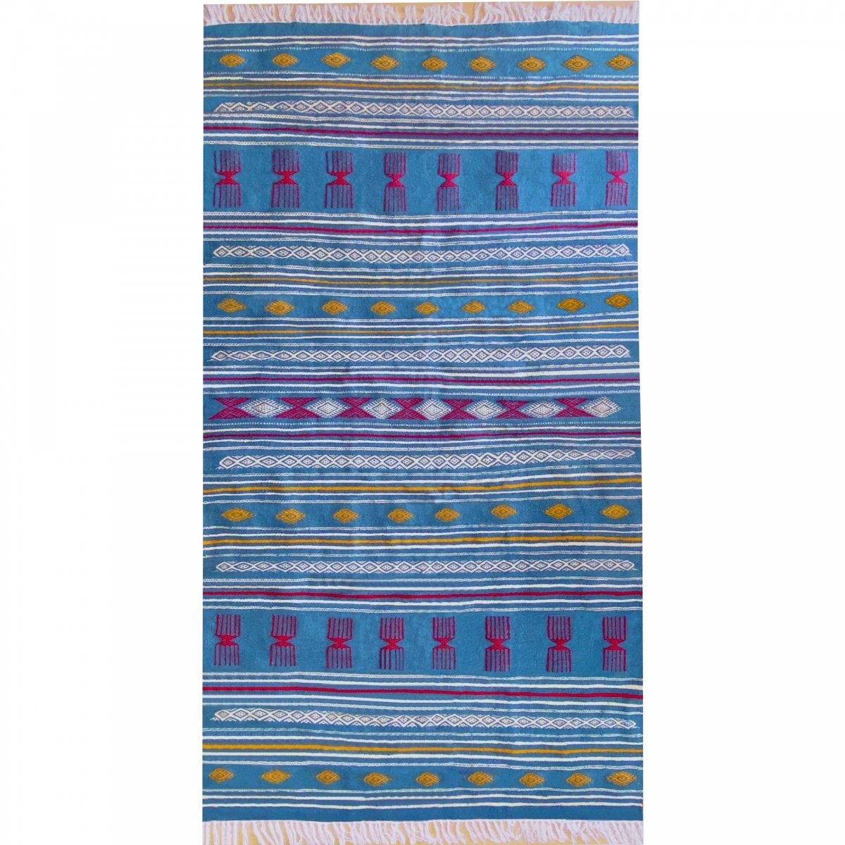 tappeto berbero Tappeto Kilim Oued Zitoun 136x244 Turchese/Giallo/Rosso (Fatto a mano, Lana) Tappeto kilim tunisino, in stile ma