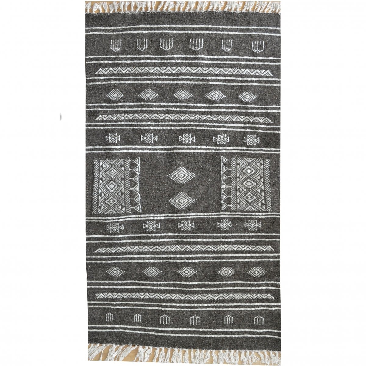 Tapis berbère Tapis Kilim Mizza 65x115 Gris/Blanc (Tissé main, Laine, Tunisie) Tapis kilim tunisien style tapis marocain. Tapis 