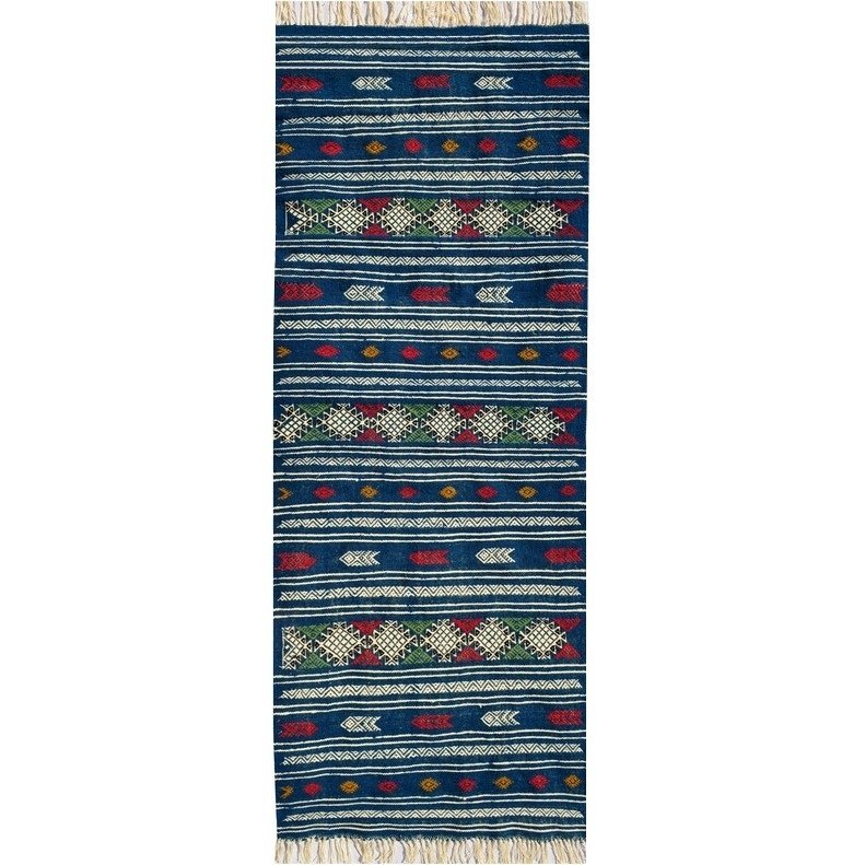 Tapis berbère Tapis Kilim long Massoud 70x180 Bleu (Tissé main, Laine, Tunisie) Tapis kilim tunisien style tapis marocain. Tapis