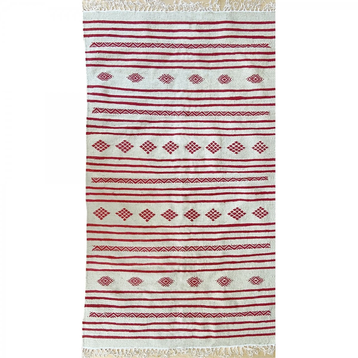 Berber tapijt Tapijt Kilim Fartouna 110x198 Wit Rood (Handgeweven, Wol, Tunesië) Tunesisch kilimdeken, Marokkaanse stijl. Rechth