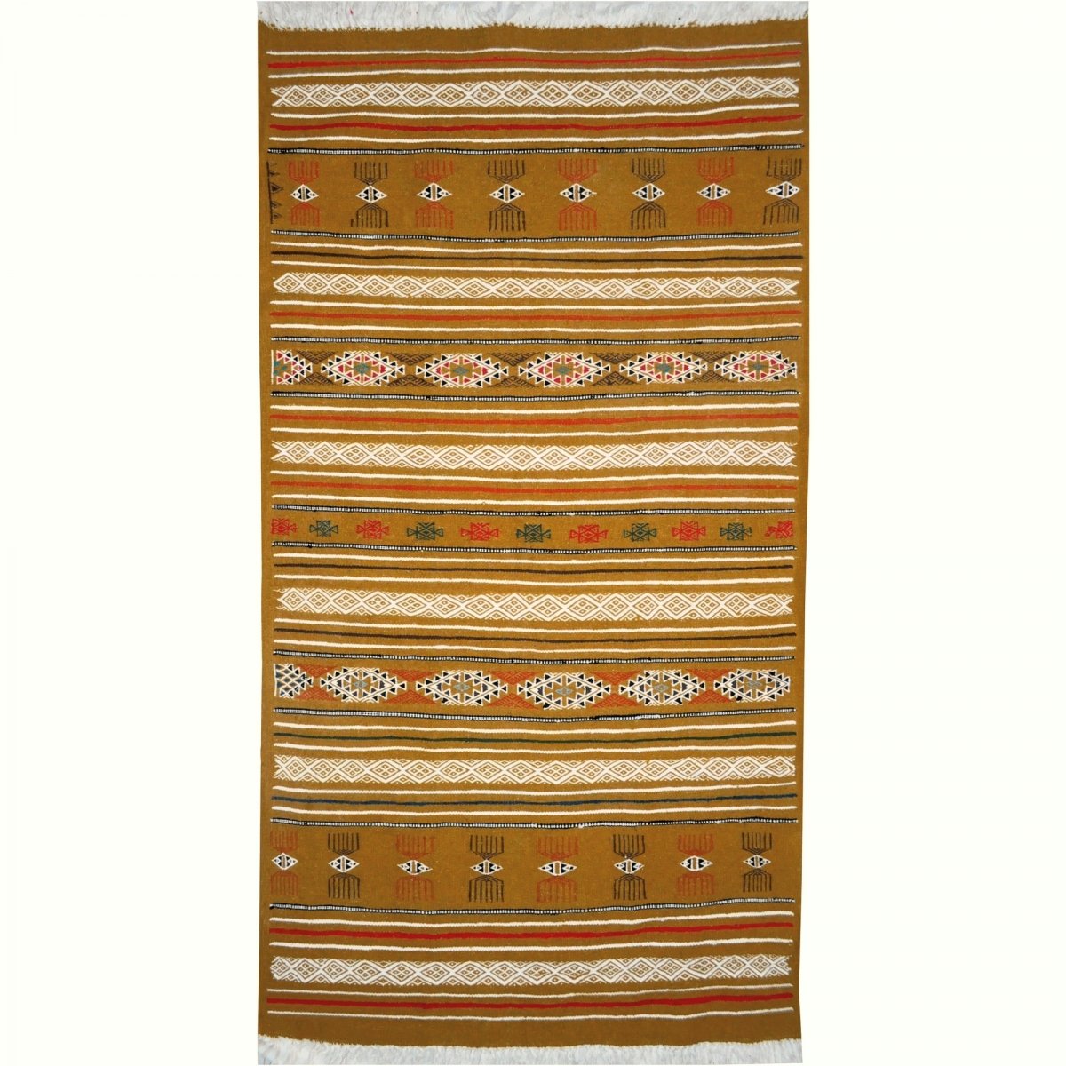Tapis berbère Tapis Kilim Lamta 100x200 Jaune ocre (Tissé main, Laine, Tunisie) Tapis kilim tunisien style tapis marocain. Tapis
