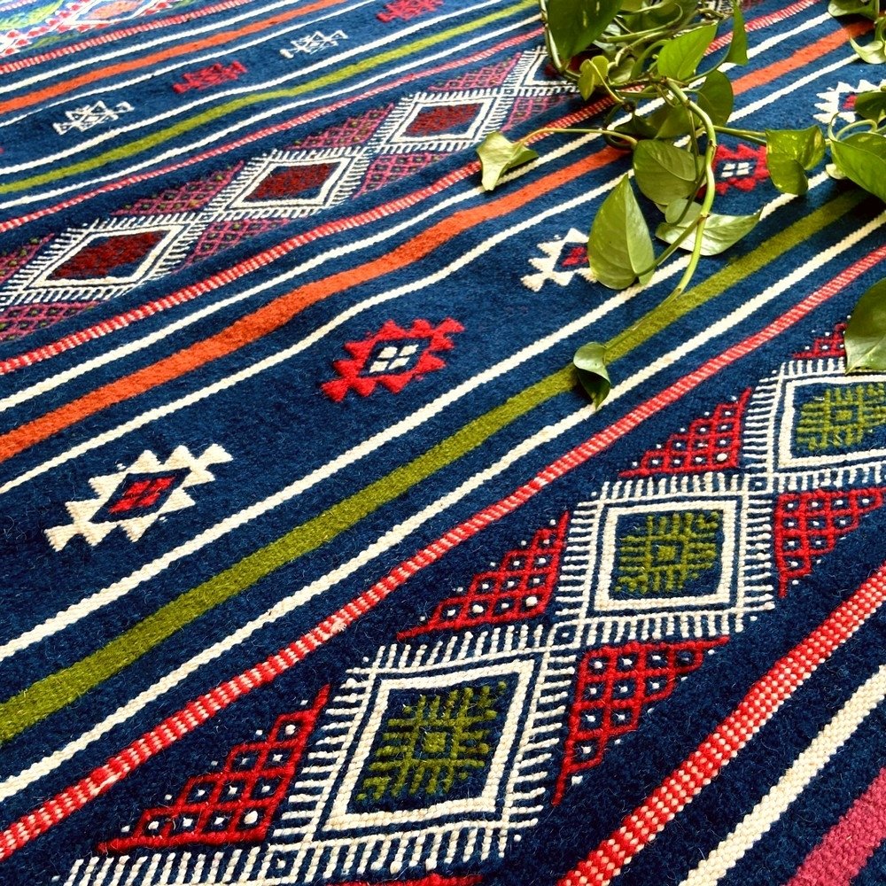 Berber tapijt Tapijt Kilim Tajrouine 115x200 Blauw/Groen/Rood (Handgeweven, Wol, Tunesië) Tunesisch kilimdeken, Marokkaanse stij