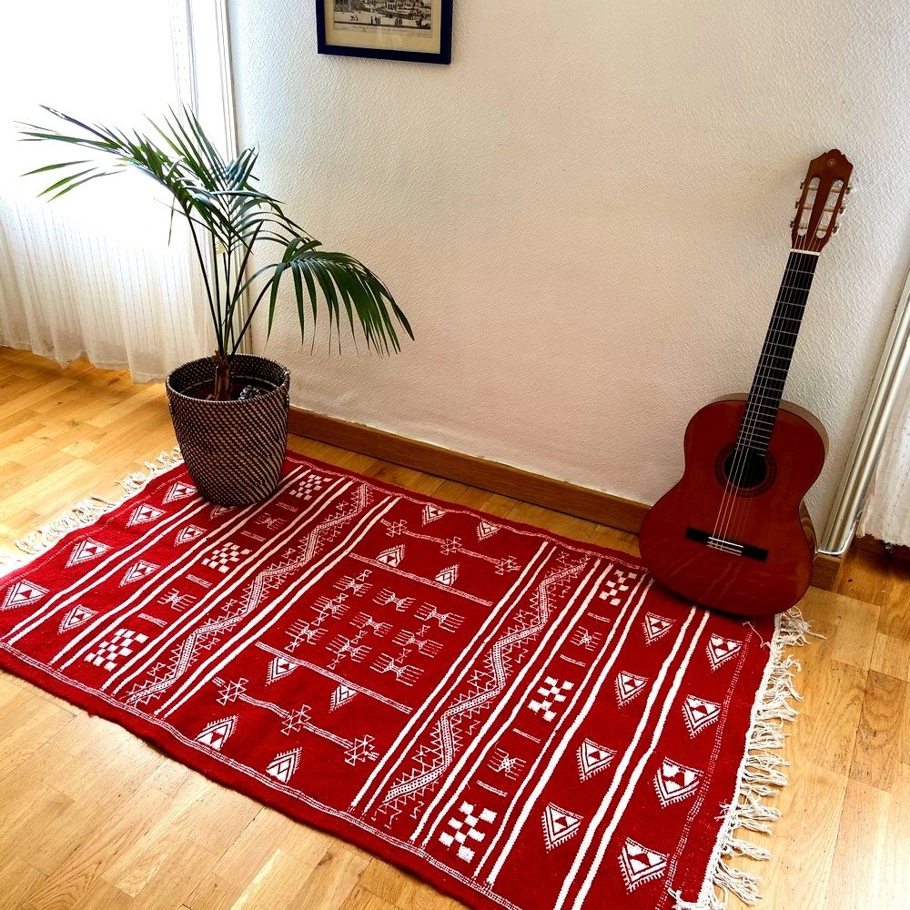 Berber carpet Rug Kilim Granada 100x150 Red (Handmade, Wool, Tunisia) Tunisian Rug Kilim style Moroccan rug. Rectangular carpet 