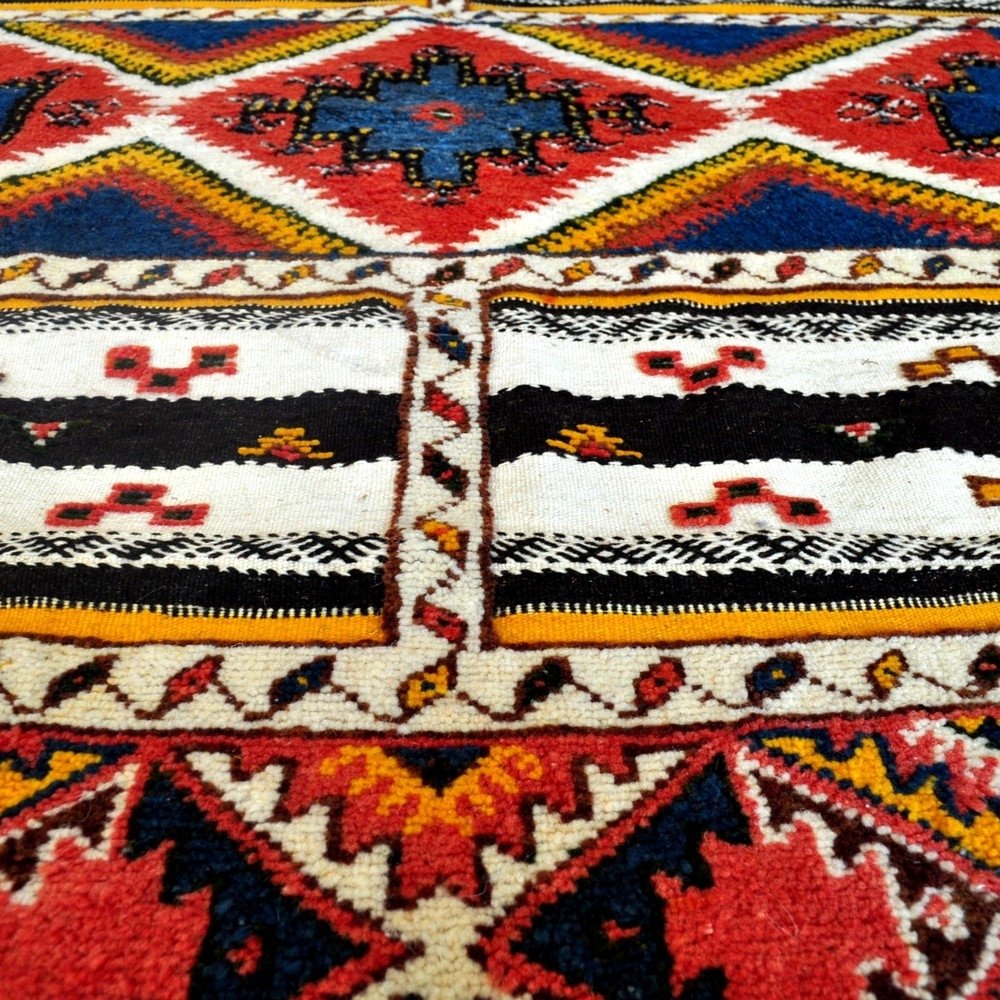 Tapete berbere Tapete Glaoui 152x250 Vermelho/Azul (Tecidos à mão, Lã, Tunísia) Tapete tunisiano kilim, estilo marroquino. Tapet
