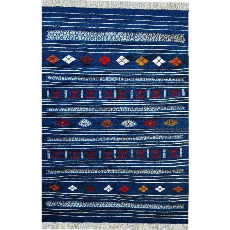 Berber tapijt Tapijt Kilim Aljanoub 96x140 Blaw (Handgeweven, Wol, Tunesië) Tunesisch kilimdeken, Marokkaanse stijl. Rechthoekig