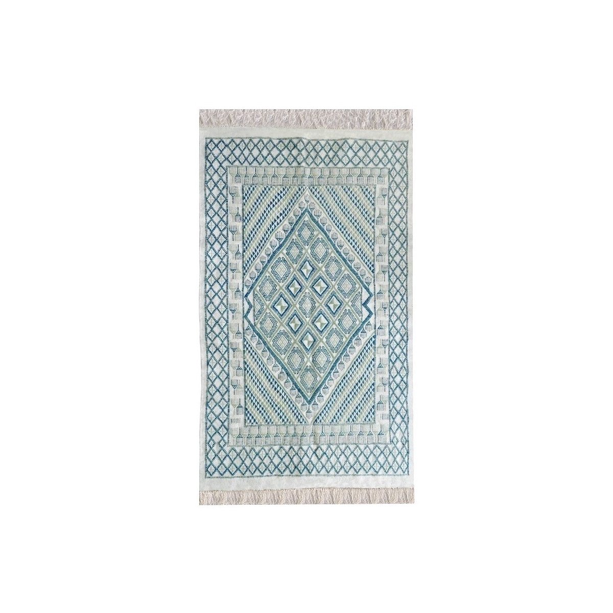 Berber Teppich Großer Teppich Margoum Zembretta 115x200 Blau/Weiss (Handgefertigt, Wolle, Tunesien) Tunesischer Margoum-Teppich 