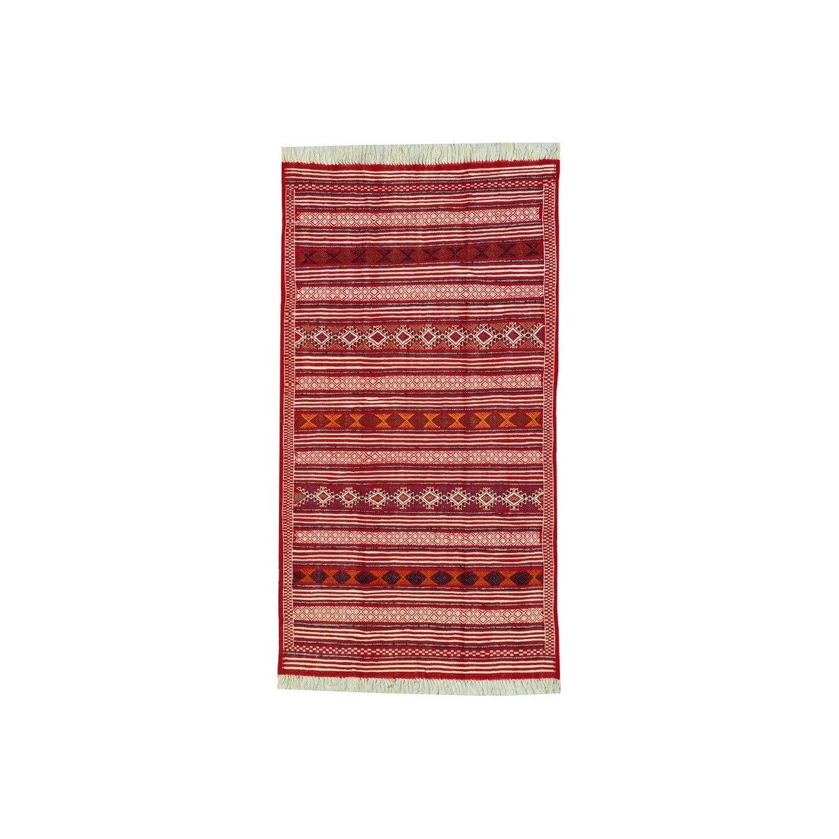 Berber Teppich Großer Teppich Kelim Mahres 110x200 Rot (Handgewebt, Wolle, Tunesien) Tunesischer Kelim-Teppich im marokkanischen