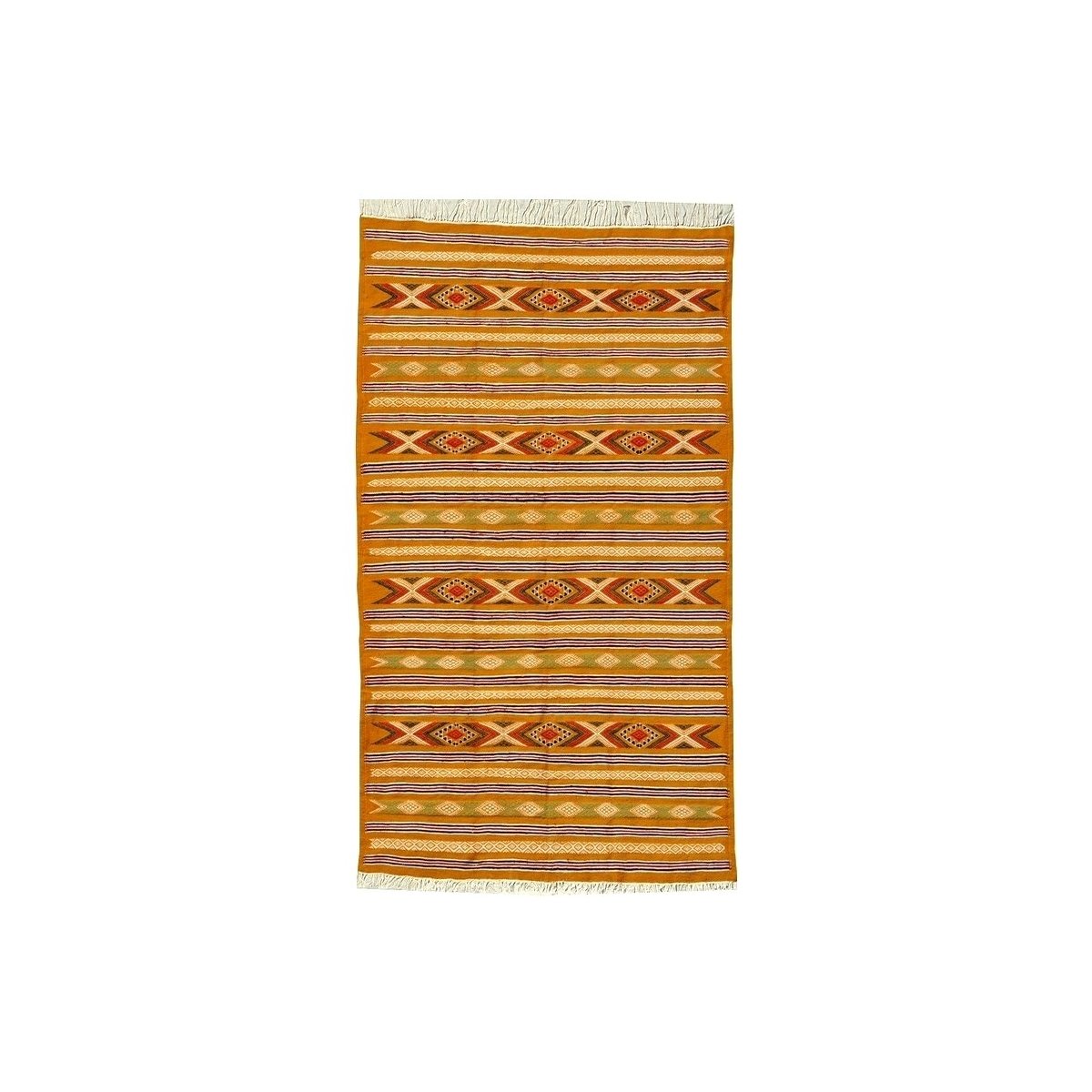 Berber tapijt Tapijt Kilim Chemtou 145x250 Geel/Wit (Handgeweven, Wol, Tunesië) Tunesisch kilimdeken, Marokkaanse stijl. Rechtho
