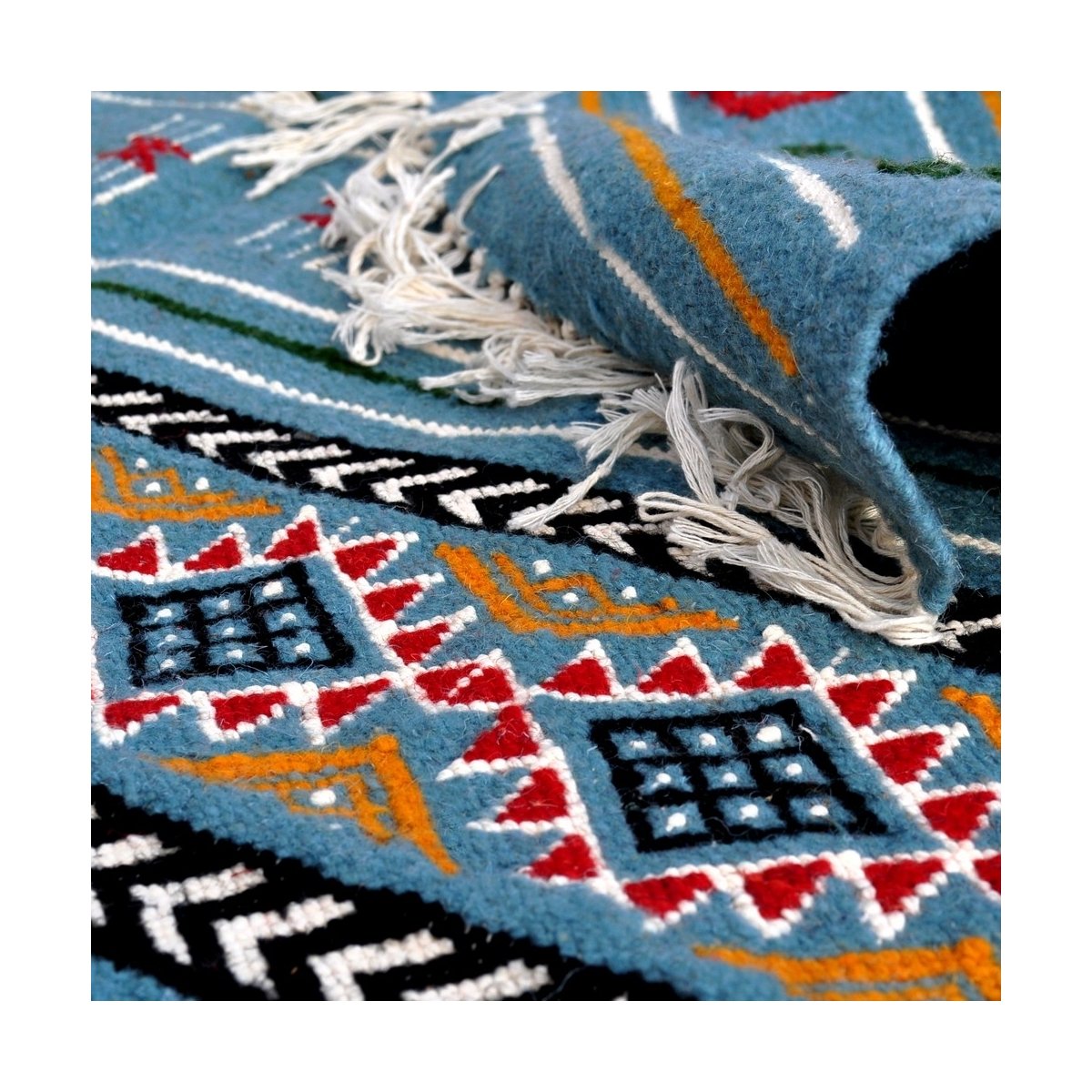 tappeto berbero Tappeto Kilim Bayen 110x195 Turchese/Giallo/Rosso (Fatto a mano, Lana) Tappeto kilim tunisino, in stile marocchi