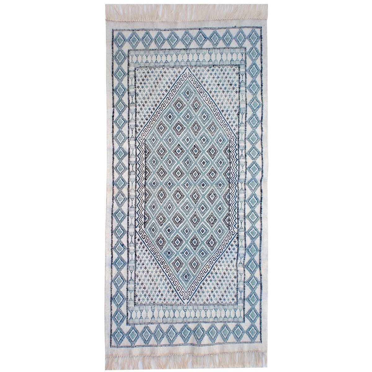 Tapis berbère Grand Tapis Margoum Morjane 100x200 Bleu Blanc (Fait main, Laine, Tunisie) Tapis margoum tunisien de la ville de K
