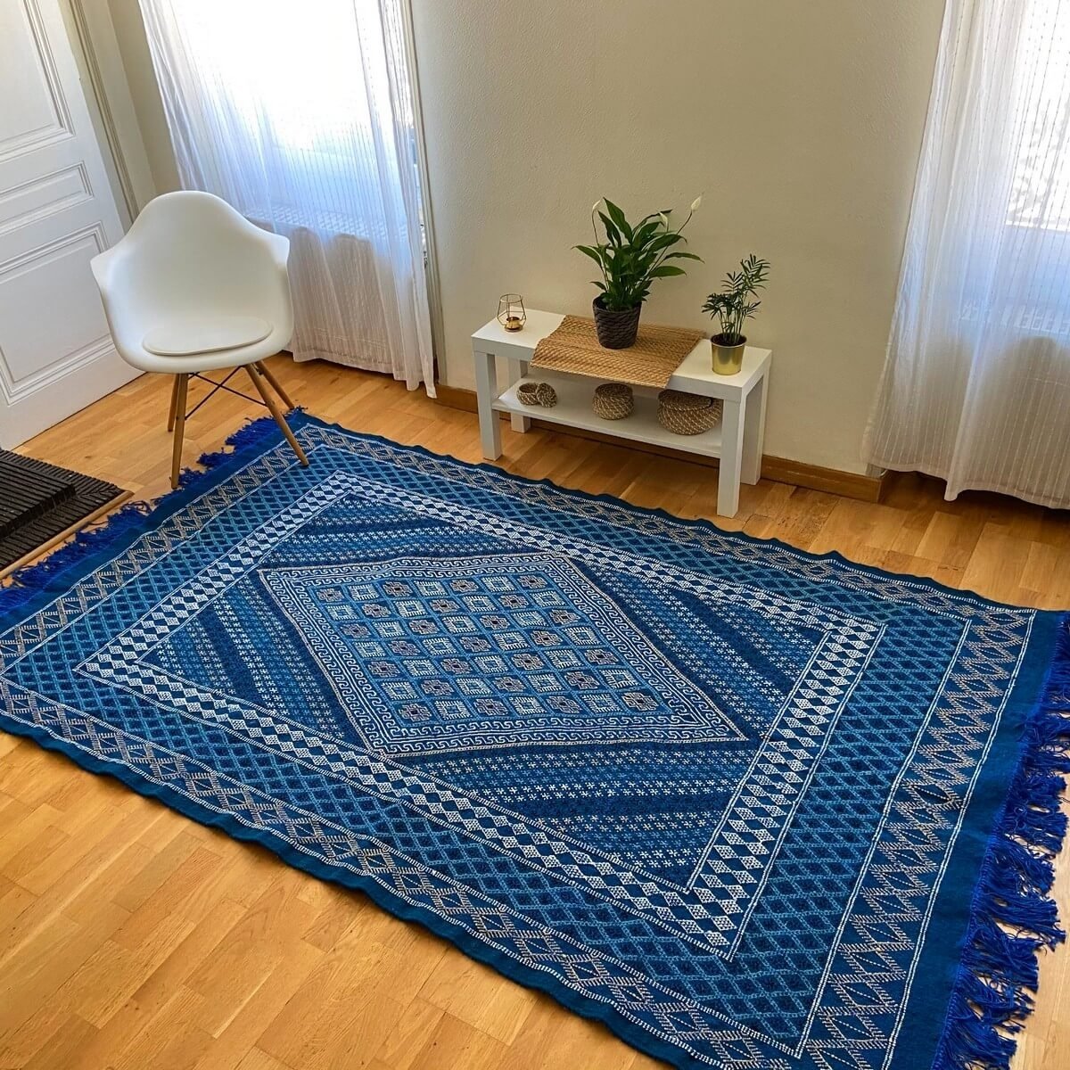Berber carpet Rug Margoum Nidhal 120x180 Blue/White (Handmade, Wool, Tunisia) Tunisian margoum rug from the city of Kairouan. Re