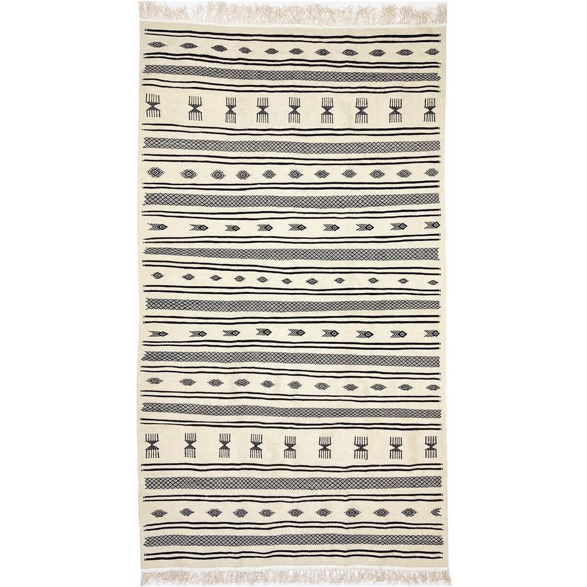 Berber tapijt Tapijt Kilim Tizwa 138x255 cm Zwart en Wit (Handgeweven, Wol, Tunesië) Tunesisch kilimdeken, Marokkaanse stijl. Re