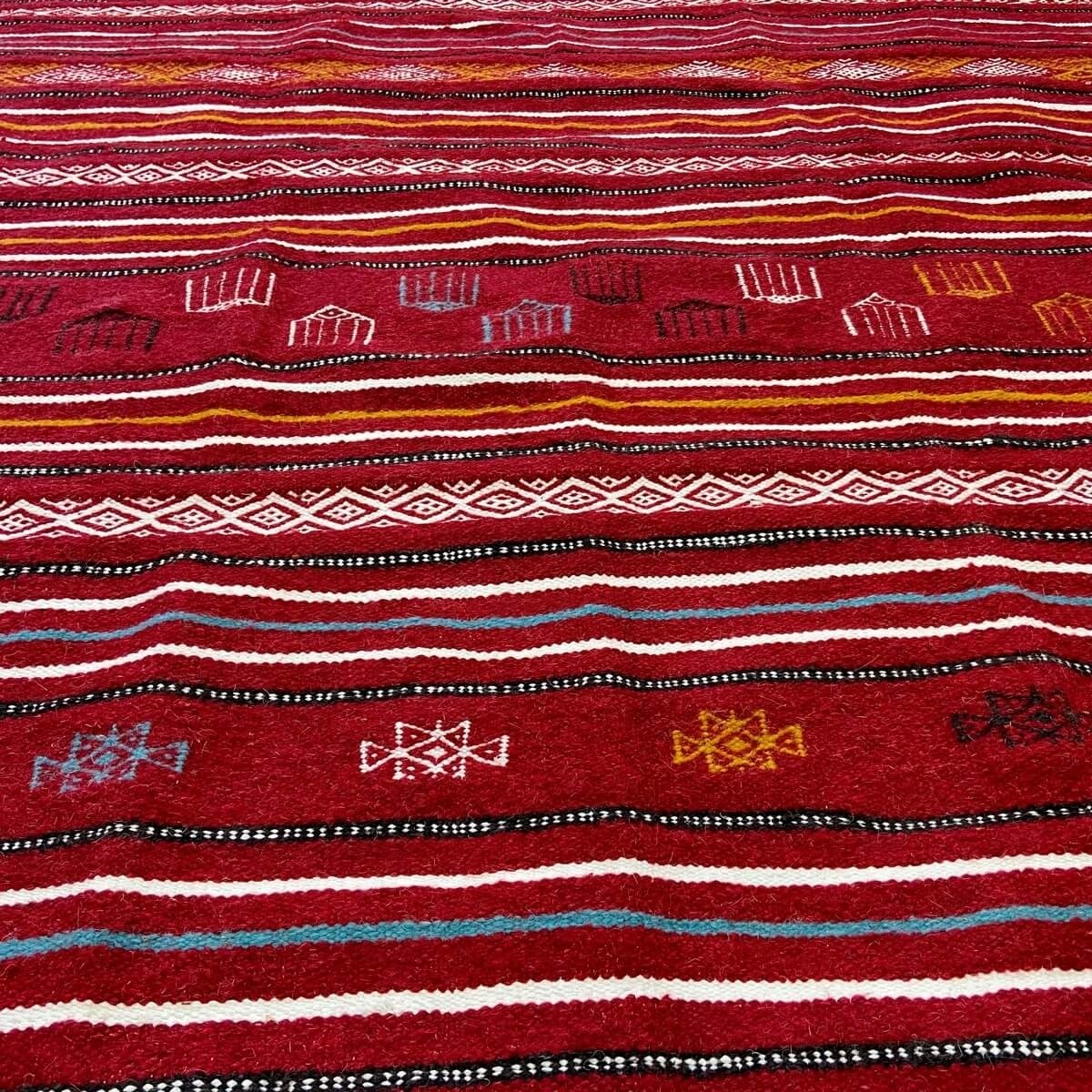 Tapis berbère Tapis Kilim Luban 140x258 cm Rouge/Multicolore (Tissé main, Laine) Tapis kilim tunisien. Tapis rectangulaire 100% 
