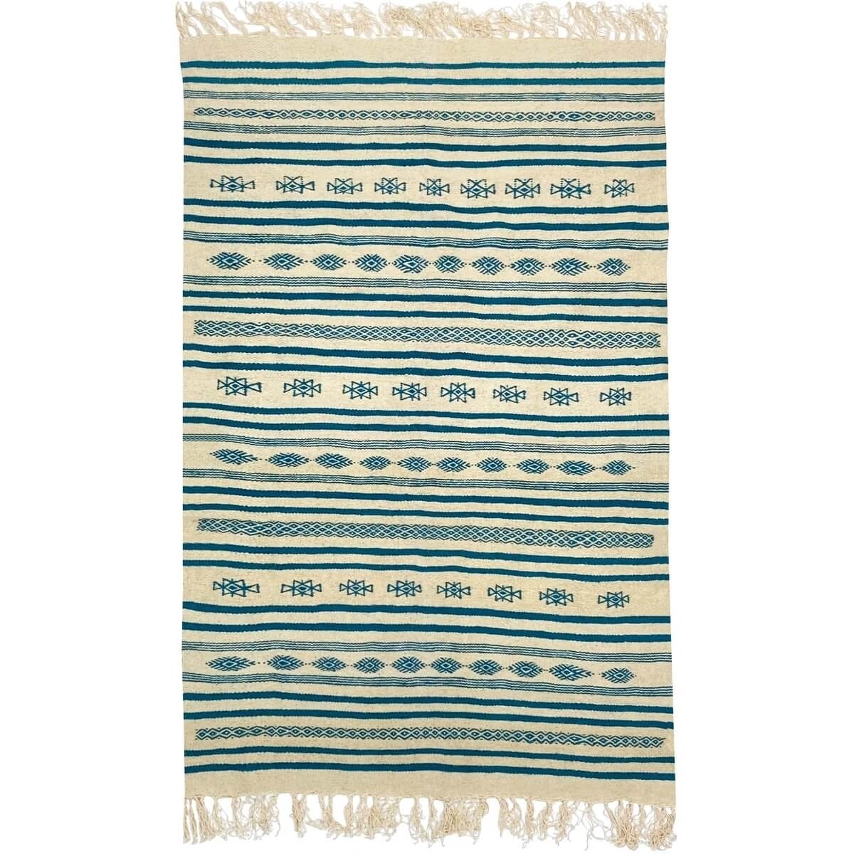 Berber Teppich Teppich Kelim lang Esesnou 114x186 cm Beige Blau (Handgewebt, Wolle, Tunesien) Tunesischer Kelim-Teppich im marok