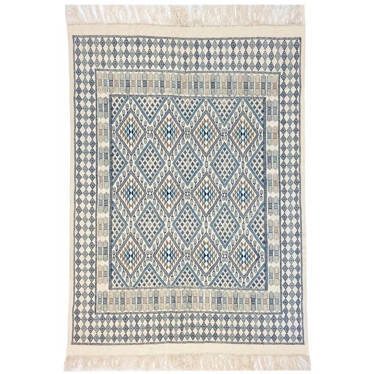 Berber carpet Rug Margoum Louz 171x252 White/Blue (Handmade, Wool, Tunisia) Tunisian margoum rug from the city of Kairouan. Rect