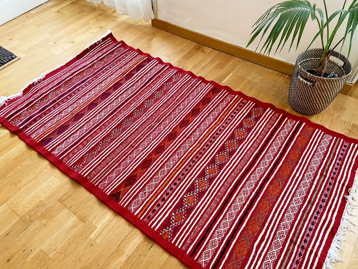 Berber Teppich Teppich Kelim Driba 110x210 Rot/Orange (Handgewebt, Wolle, Tunesien) Tunesischer Kelim-Teppich im marokkanischen 