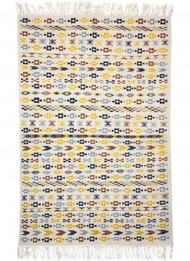 Berber Teppich Teppich Kelim 125x190 cm Weiß Gelb Blau Braun | Handgewebt, Wolle, Tunesien Tunesischer Kelim-Teppich im marokkan