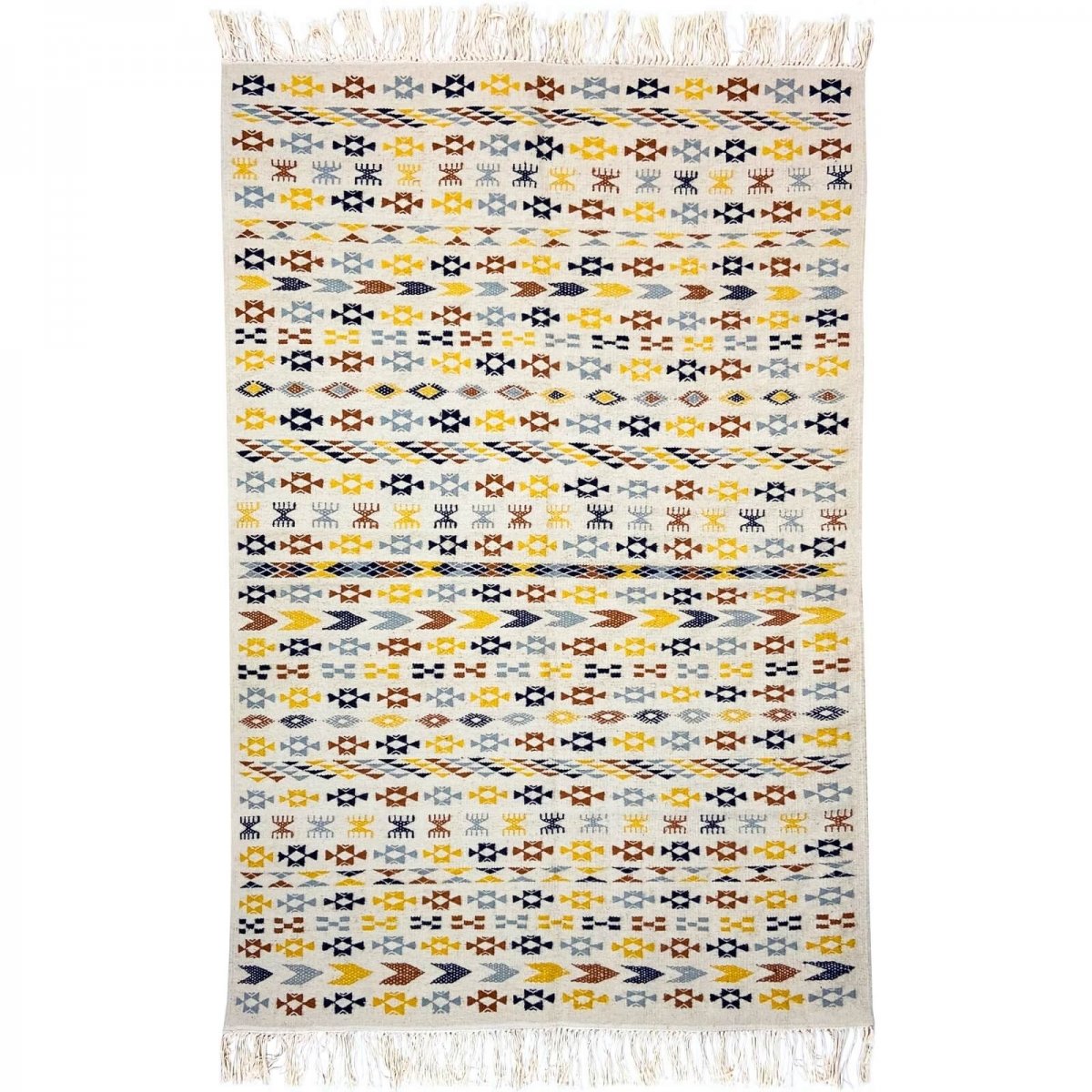 Tapete berbere Tapete Kilim 125x190 cm Branco Amarelo Azul Marrom | Tecidos à mão, Lã, Tunísia Tapete tunisiano kilim, estilo ma