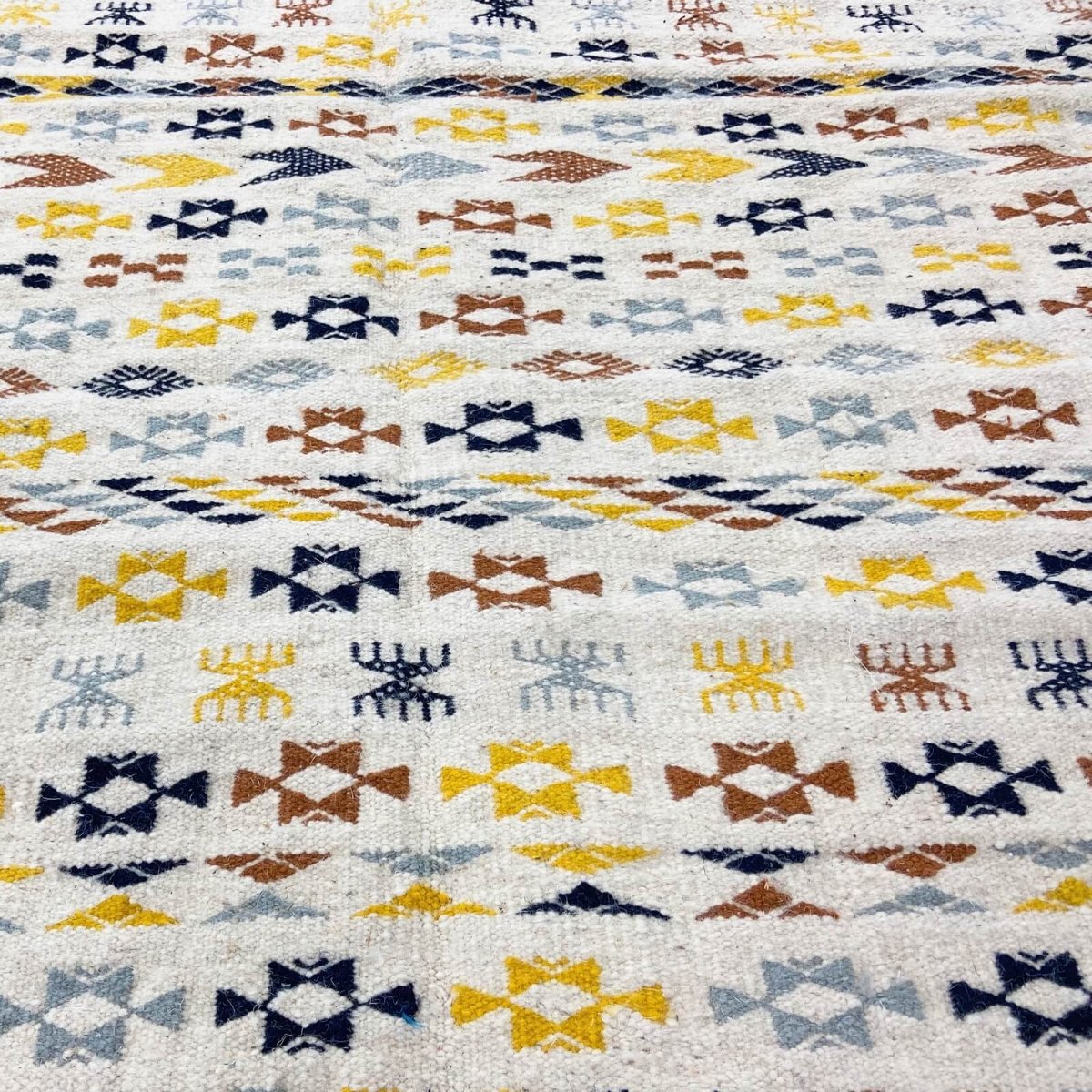 Tapete berbere Tapete Kilim 125x190 cm Branco Amarelo Azul Marrom | Tecidos à mão, Lã, Tunísia Tapete tunisiano kilim, estilo ma