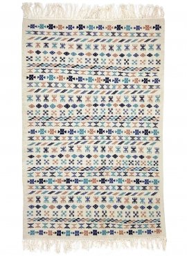 Berber Teppich Teppich Kelim 135x205 cm Weiß Blau Braun | Handgewebt, Wolle, Tunesien Tunesischer Kelim-Teppich im marokkanische