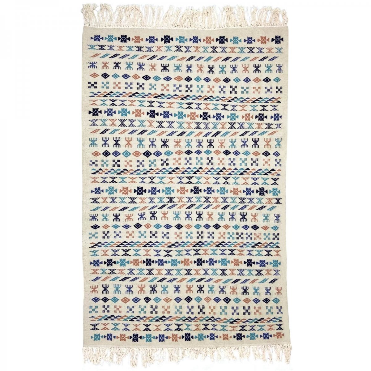 Tapete berbere Tapete Kilim 135x205 cm Branco Azul Marrom | Tecidos à mão, Lã, Tunísia Tapete tunisiano kilim, estilo marroquino