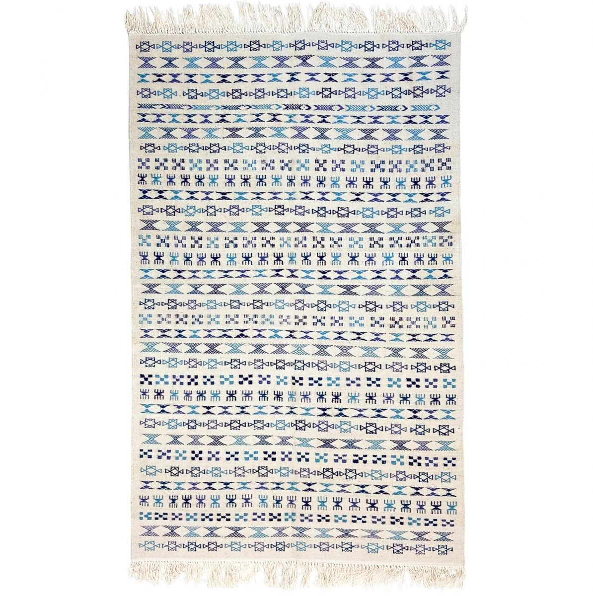 Berber carpet Rug Kilim 135x205 cm White Blue | Handmade, Wool, Tunisia Tunisian Rug Kilim style Moroccan rug. Rectangular carpe
