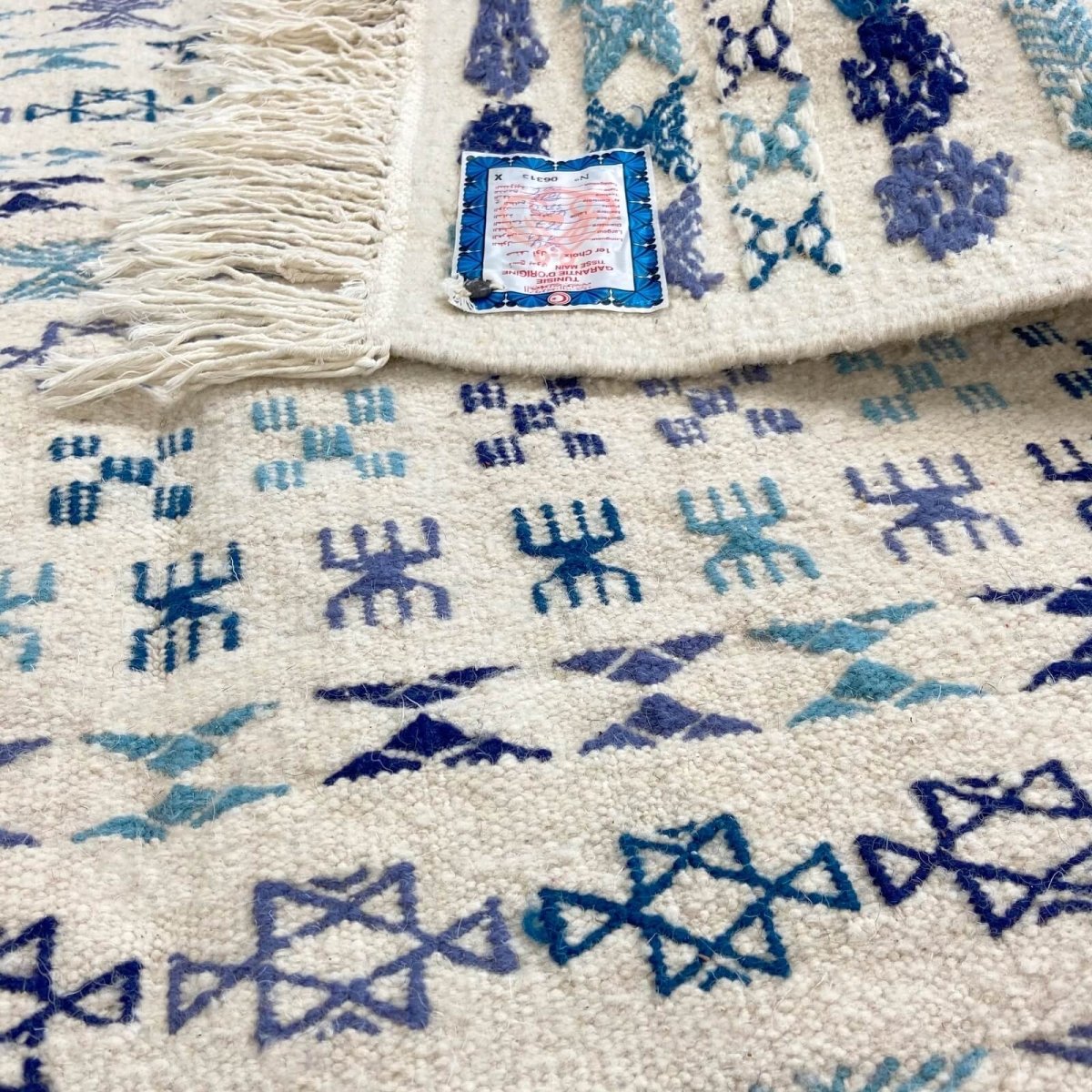 tappeto berbero Tappeto Kilim 135x205 cm Bianco Blu | Fatto a mano, Lana, Tunisia Tappeto kilim tunisino, in stile marocchino. T