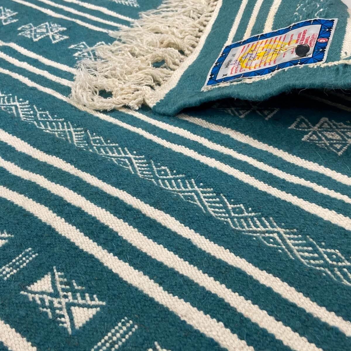Berber carpet Rug Kilim Thegha 112x208  Blue turquoise (Handmade, Wool) Tunisian Rug Kilim style Moroccan rug. Rectangular carpe