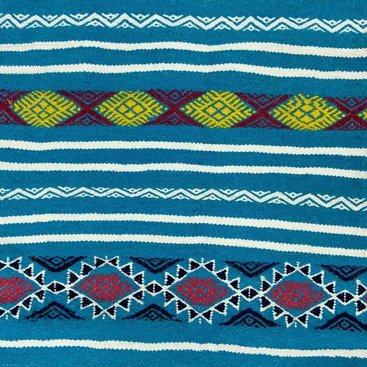 tappeto berbero Tappeto Kilim Emder 107x140 Turchese/Giallo/Rosso (Fatto a mano, Lana) Tappeto kilim tunisino, in stile marocchi