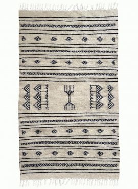 Berber tapijt Tapijt Kilim Abez 60x104 cm Zwart en Wit (Handgeweven, Wol, Tunesië) Tunesisch kilimdeken, Marokkaanse stijl. Rech