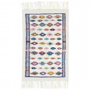 Tapis berbère Tapis Kilim Yamine 67x104 cm Blanc/ Multicolore (Tissé main, Laine, Tunisie) Tapis kilim tunisien style tapis maro