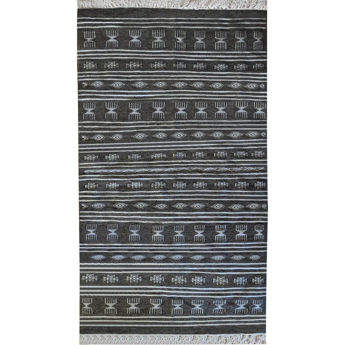 Berber Teppich Teppich Kelim Houria 110x200 Grau (Handgewebt, Wolle, Tunesien) Tunesischer Kelim-Teppich im marokkanischen Stil.