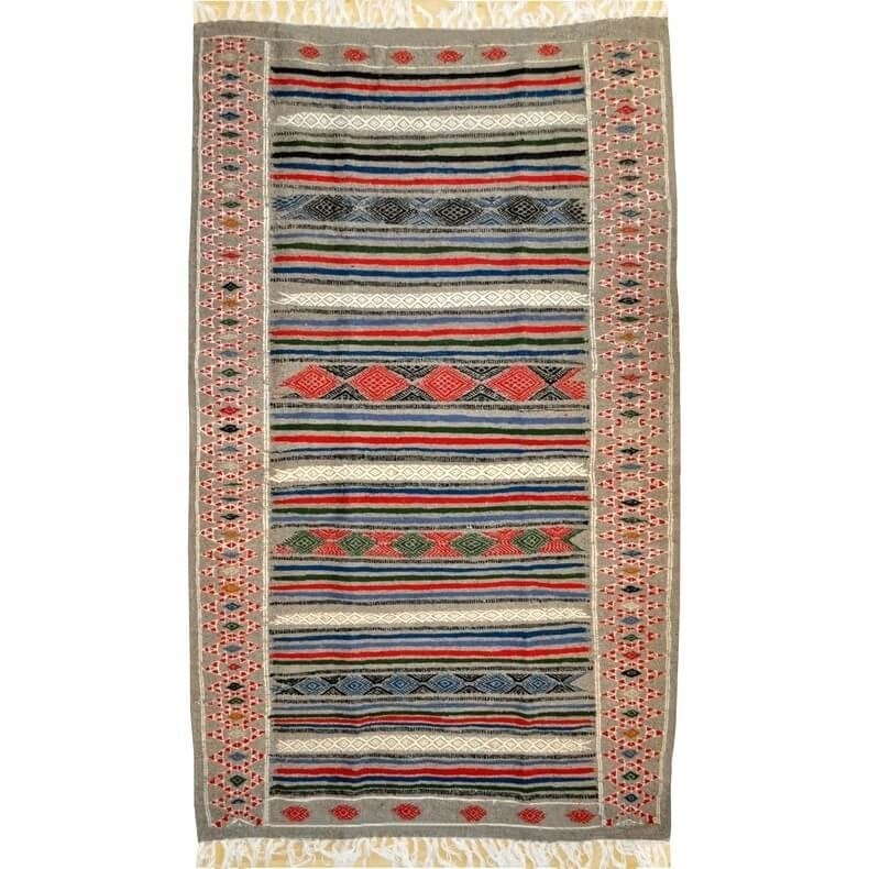 Tapis berbère Tapis Kilim Tamaghza 125x205 Gris/Rouge/Bleu (Tissé main, Laine) Tapis kilim tunisien style tapis marocain. Tapis 