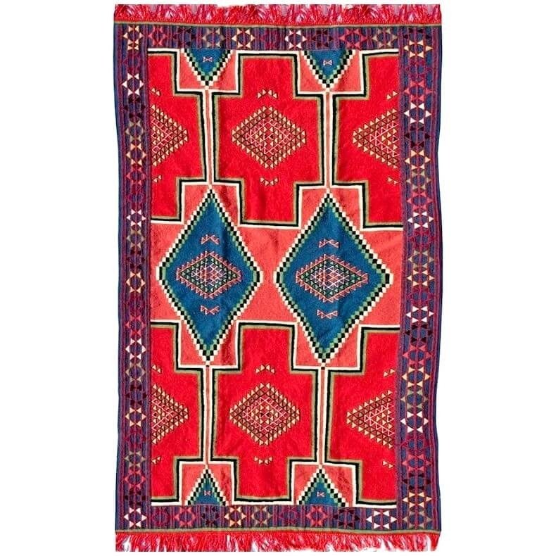 Berber tapijt Tapijt Kilim El Alia 130x230 Rood/Blauw (Handgeweven, Wol, Tunesië) Tunesisch Kilim Tapijt uit de stad Kairouan. R