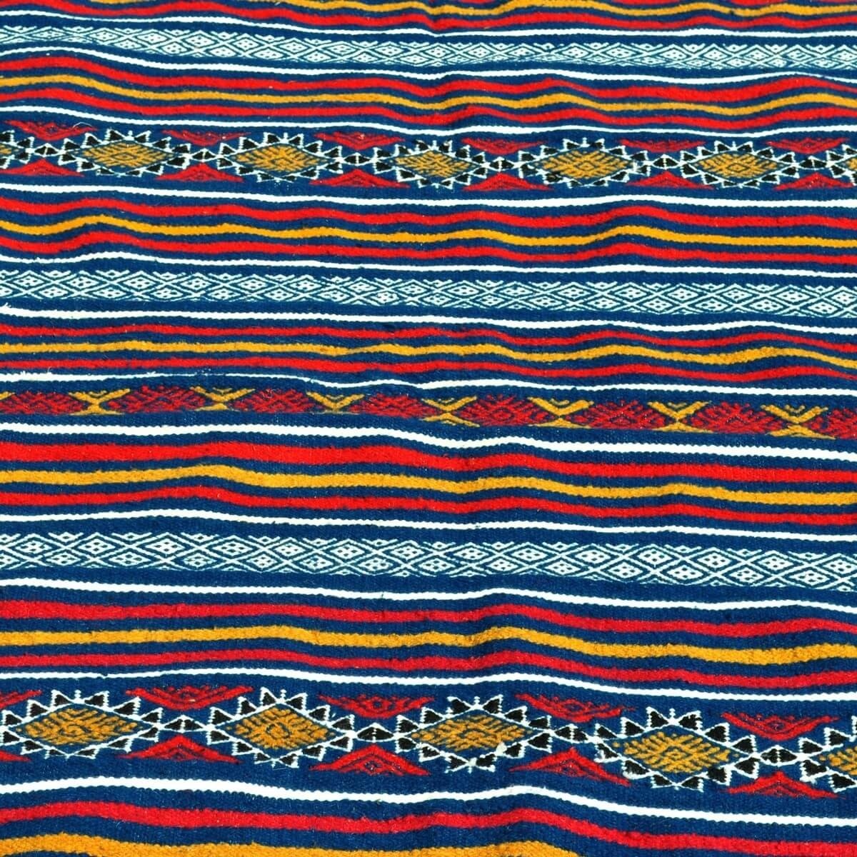 Berber Teppich Teppich Kelim Moknine 135x230 Blau/Gelb/Rot (Handgewebt, Wolle) Tunesischer Kelim-Teppich im marokkanischen Stil.